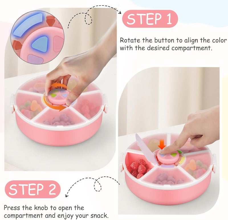 JOOPETALK Kids' Rotating Snack Container Set – 2-Pack, Includes 1 Rotating Snack Container & 1 Round Sectioned Snack Box, BPA-Free, Dishwasher Safe, Perfect for Travel-Pink - Image 2